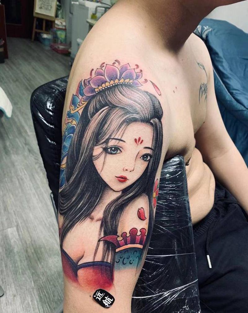 大臂纹身#艺妓纹身#纹身图片_手臂老传统纹身图案