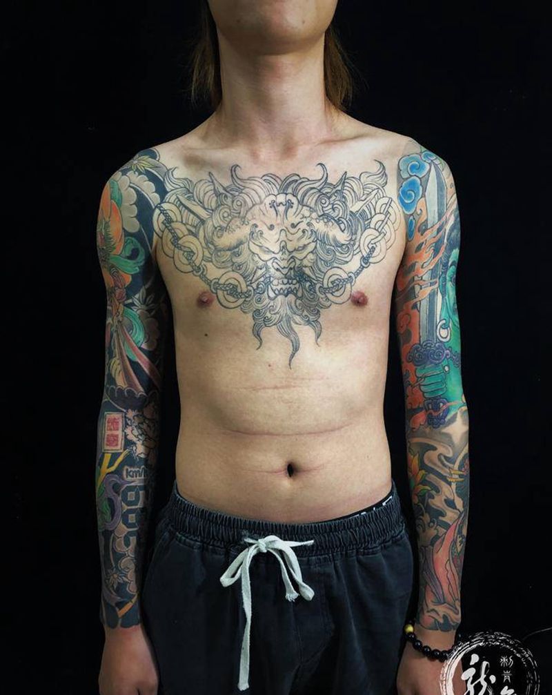 双花臂纹身图片_胸部手臂新传统老传统纹身图案