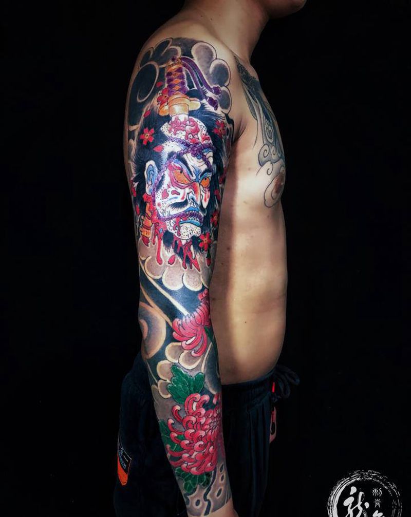 双花臂纹身图片_手臂胸部老传统新传统纹身图案