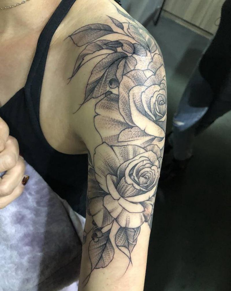 素花纹身图片_肩部手臂New School纹身图案