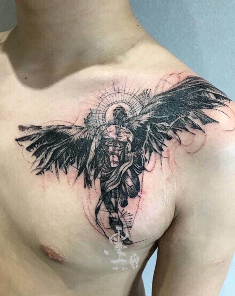 天使纹身图片_胸部图腾点刺纹身图案