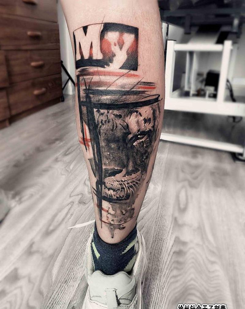 虎纹身图片_腿部水墨欧美写实纹身图案