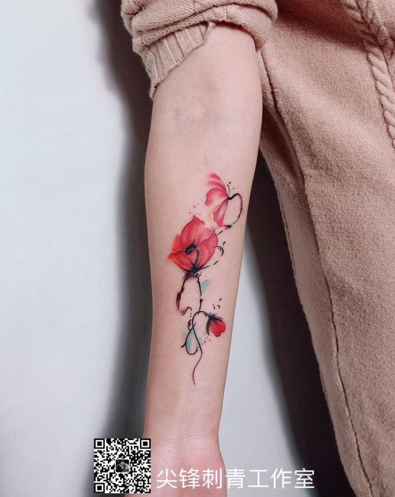 罂粟纹身图片_手臂水墨水彩纹身图案