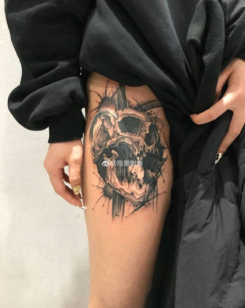 骷髅纹身图片_腿部脚部点刺欧美写实纹身图案