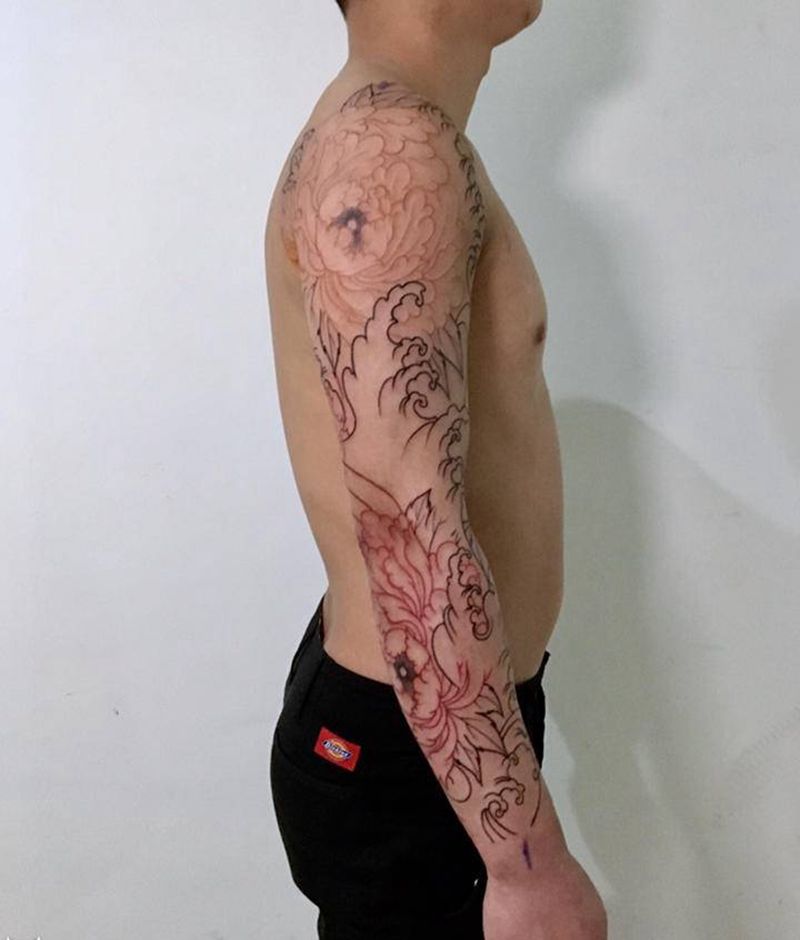 牡丹花臂(未完成纹身图片_手臂纹身图案