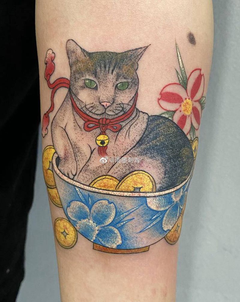 猫咪纹身图片_手臂手部欧美写实New School原创猫咪纹身图案