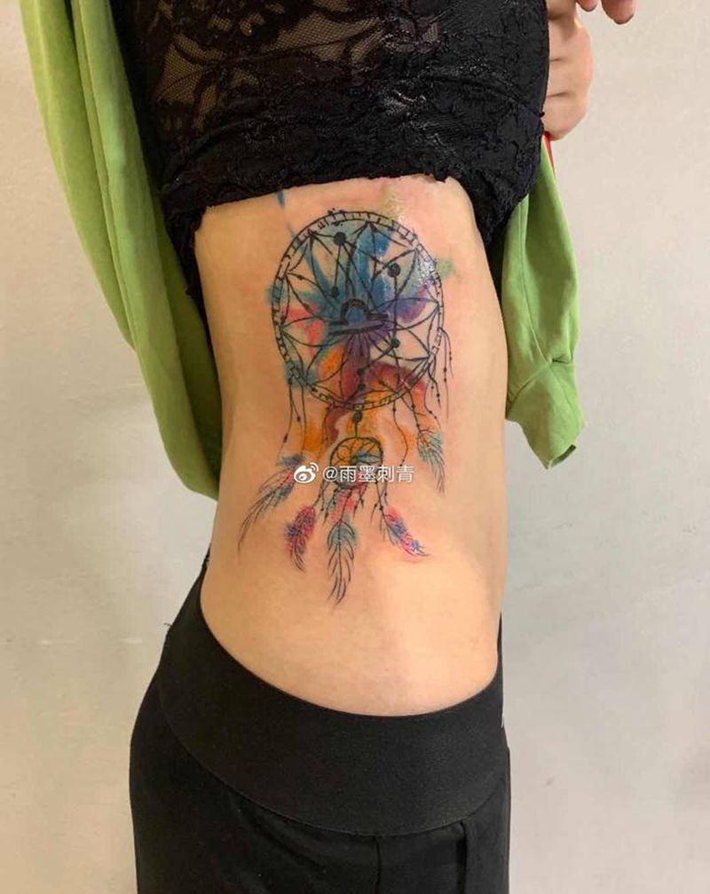 捕梦网遮盖纹身图片_腹部腰部新传统水彩纹身图案