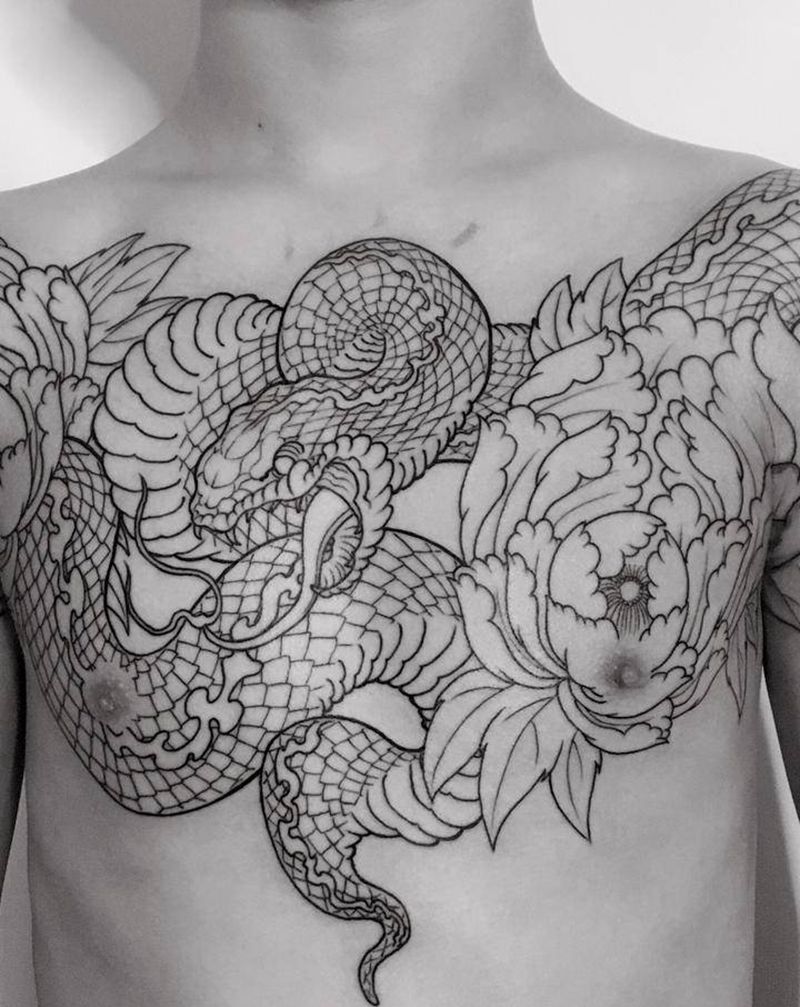 蛇 牡丹纹身图片_胸部纹身图案