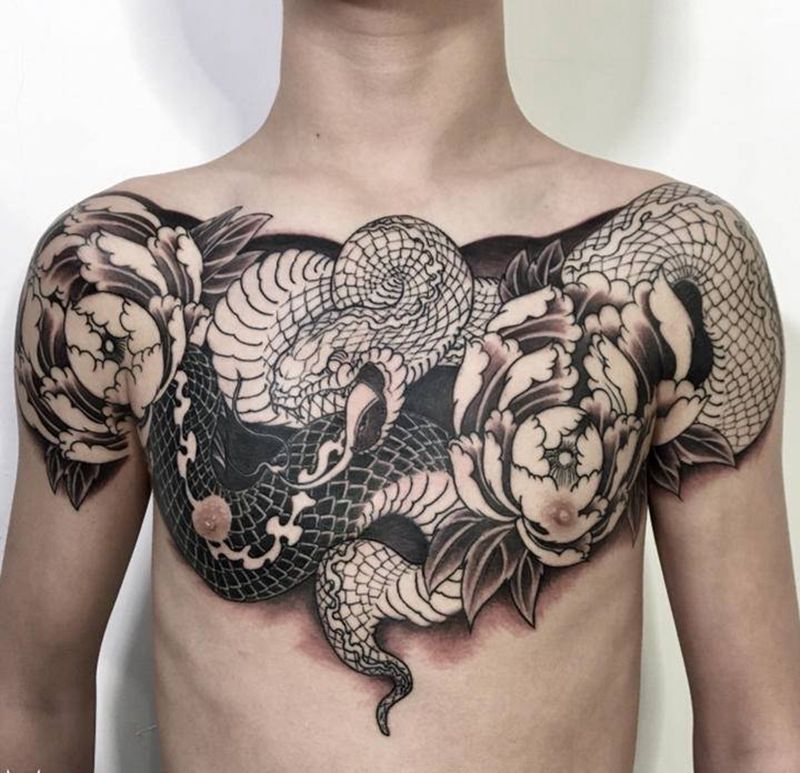 蛇 牡丹 (未完)纹身图片_胸部纹身图案