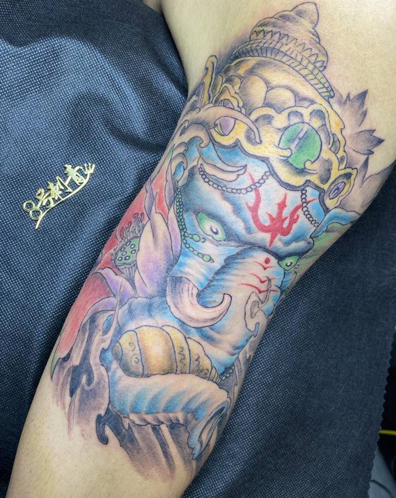 象神纹身图片_手臂新传统纹身图案