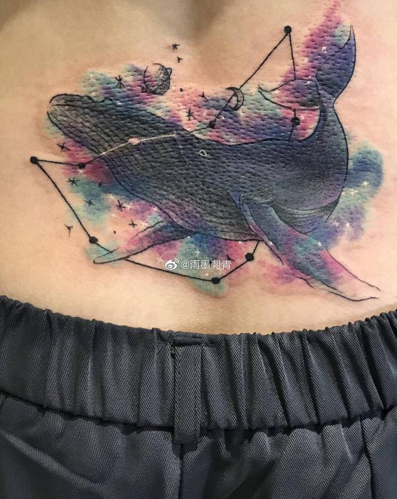 鲸鱼遮盖纹身图片_腰部背部水墨New School纹身图案