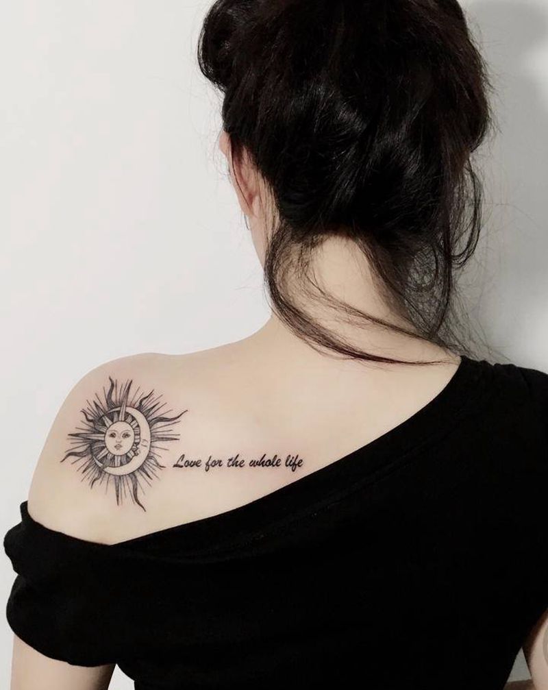 太阳 月亮纹身图片_背部纹身图案