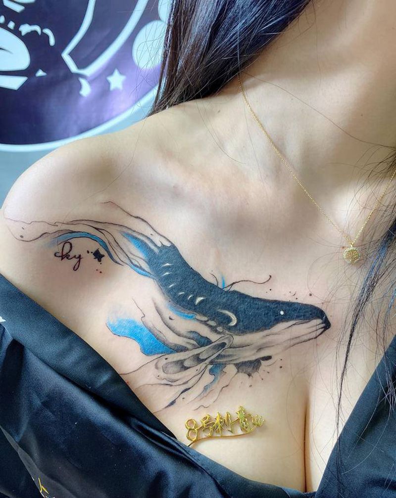 鲸鱼遮盖旧纹身纹身图片_胸部水墨纹身图案