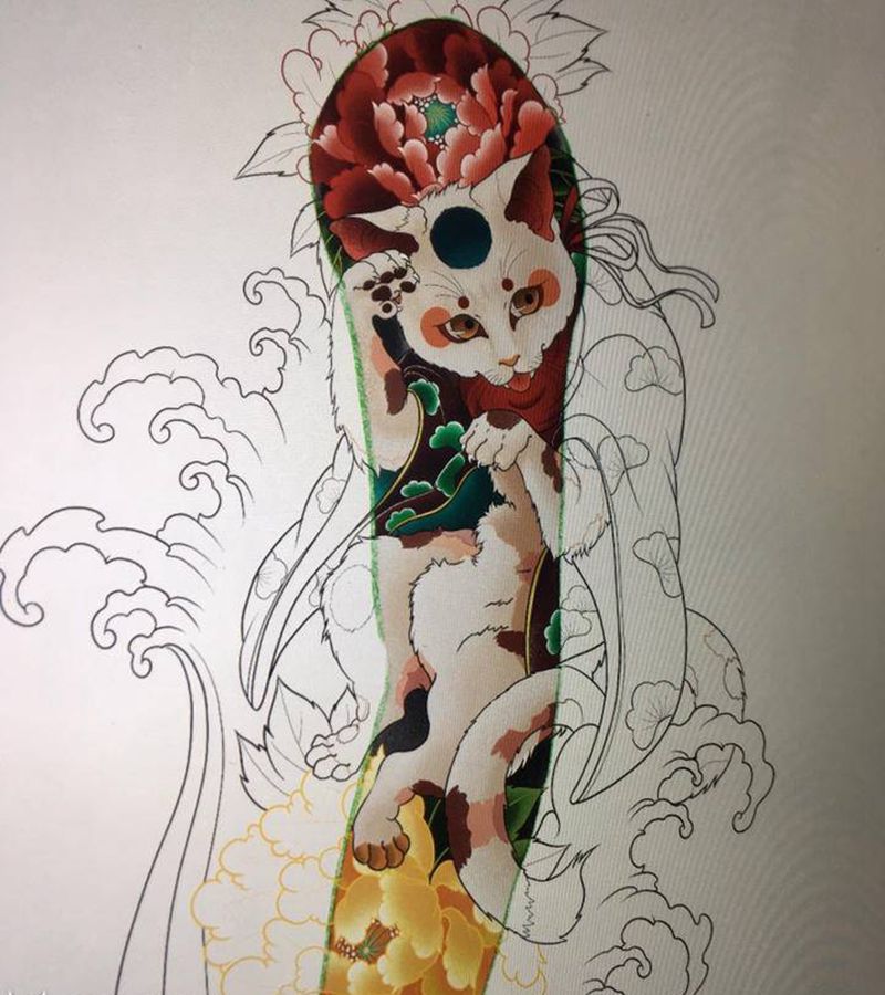 猫牡丹手稿纹身图片_新传统纹身图案