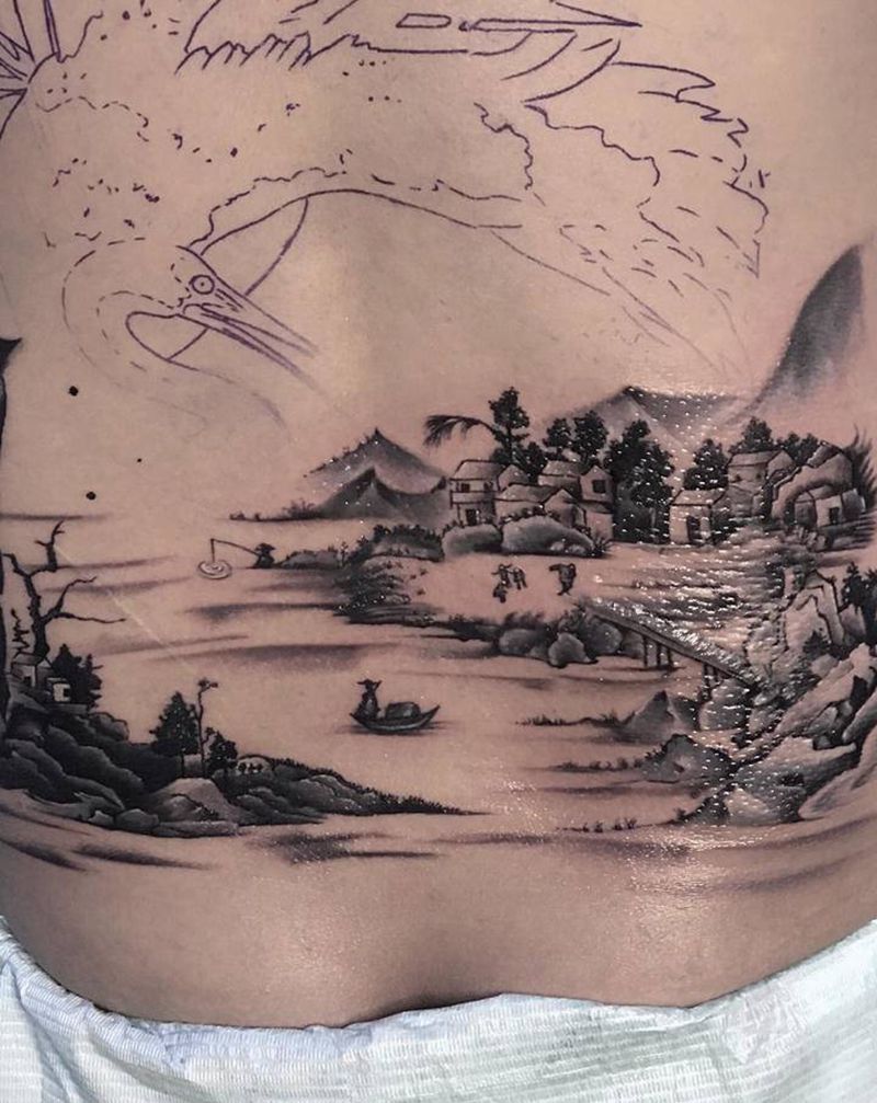 山水鹤纹身图片_臀部背部新传统水墨山水鹤纹身图案