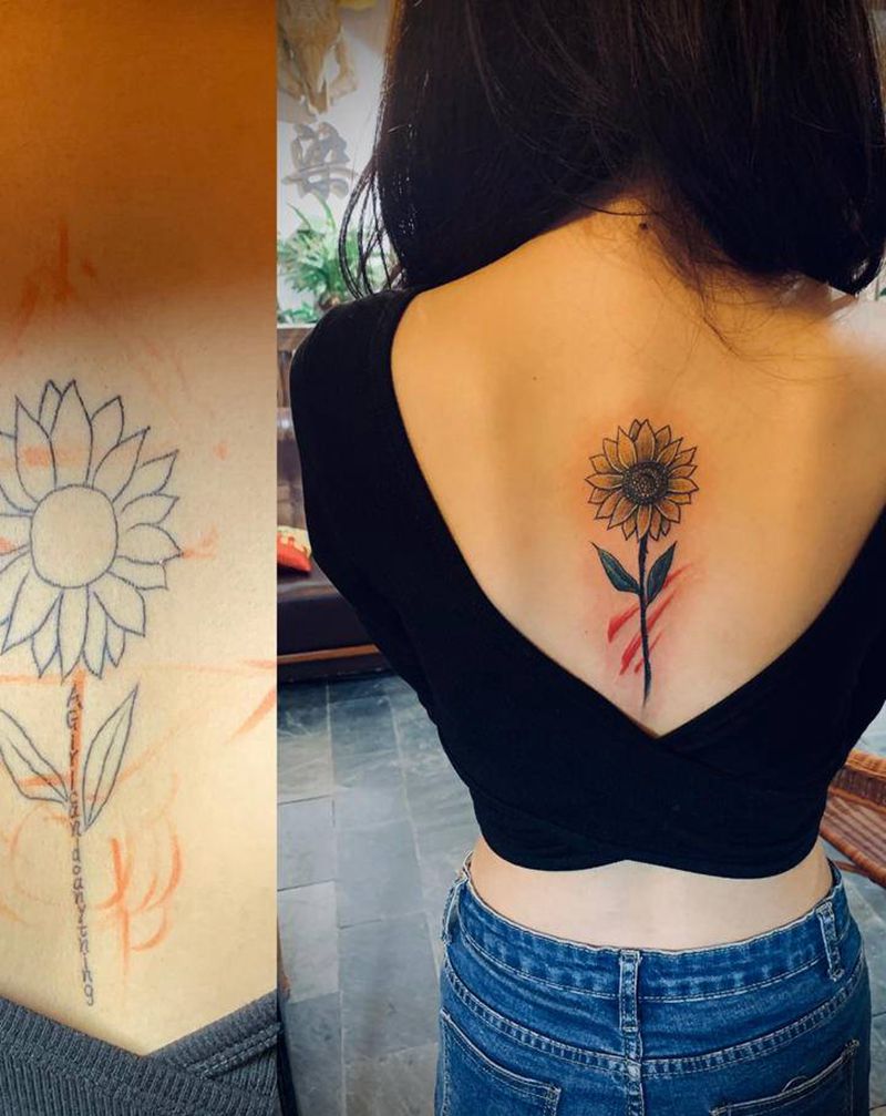葵花纹身图片_背部水墨纹身图案