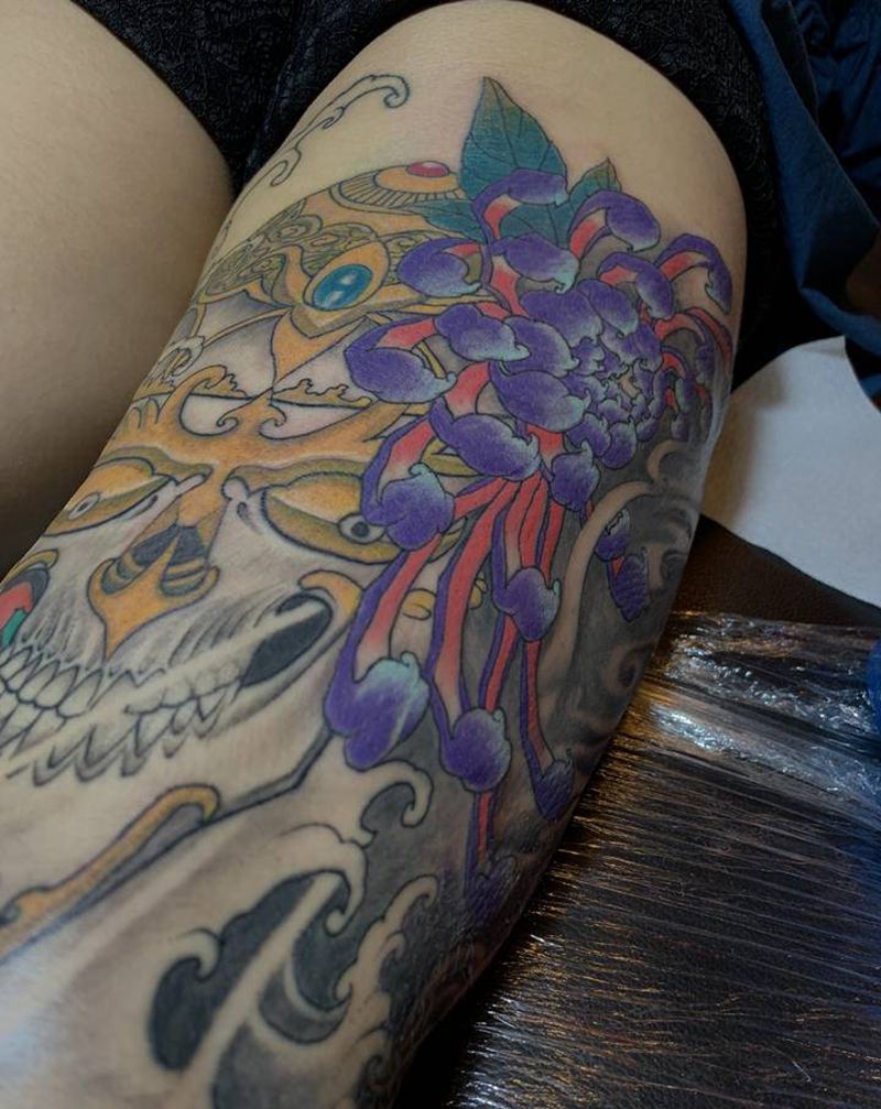 花腿纹身图片_腿部新传统纹身图案