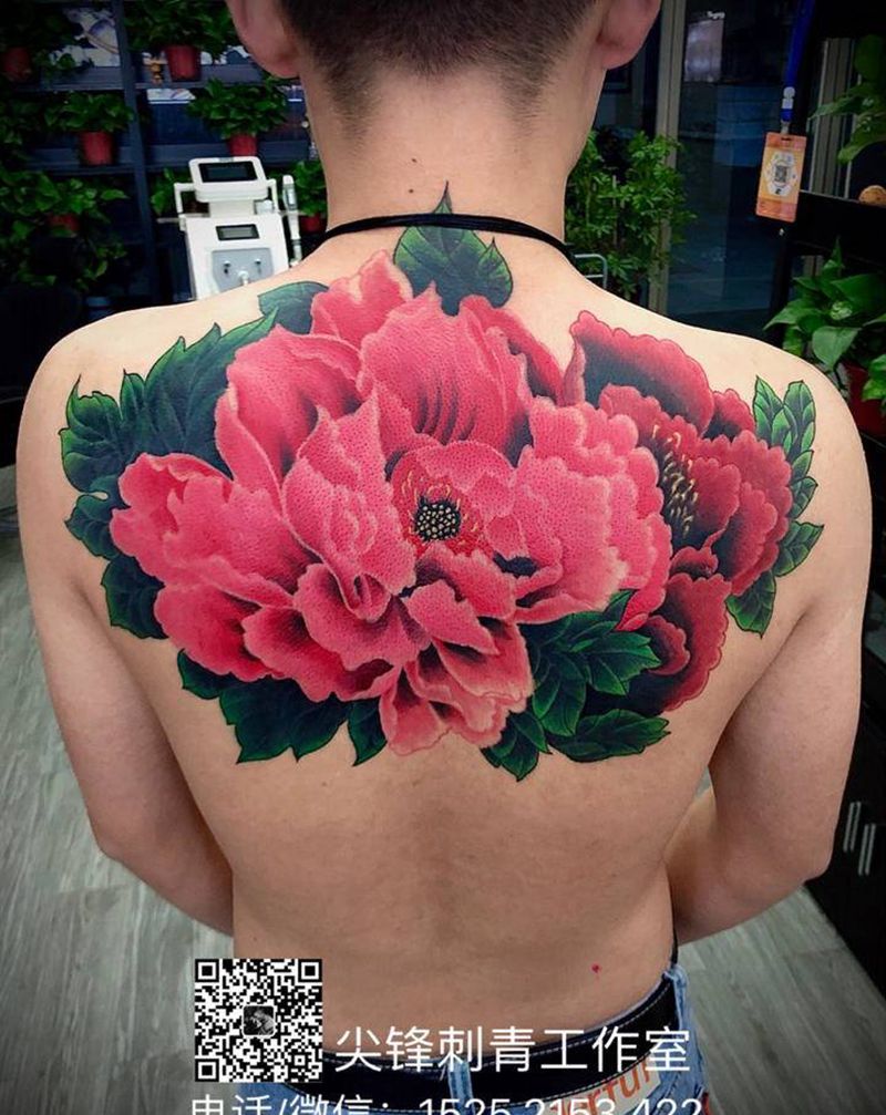 富贵牡丹纹身图片_背部新传统水彩纹身图案