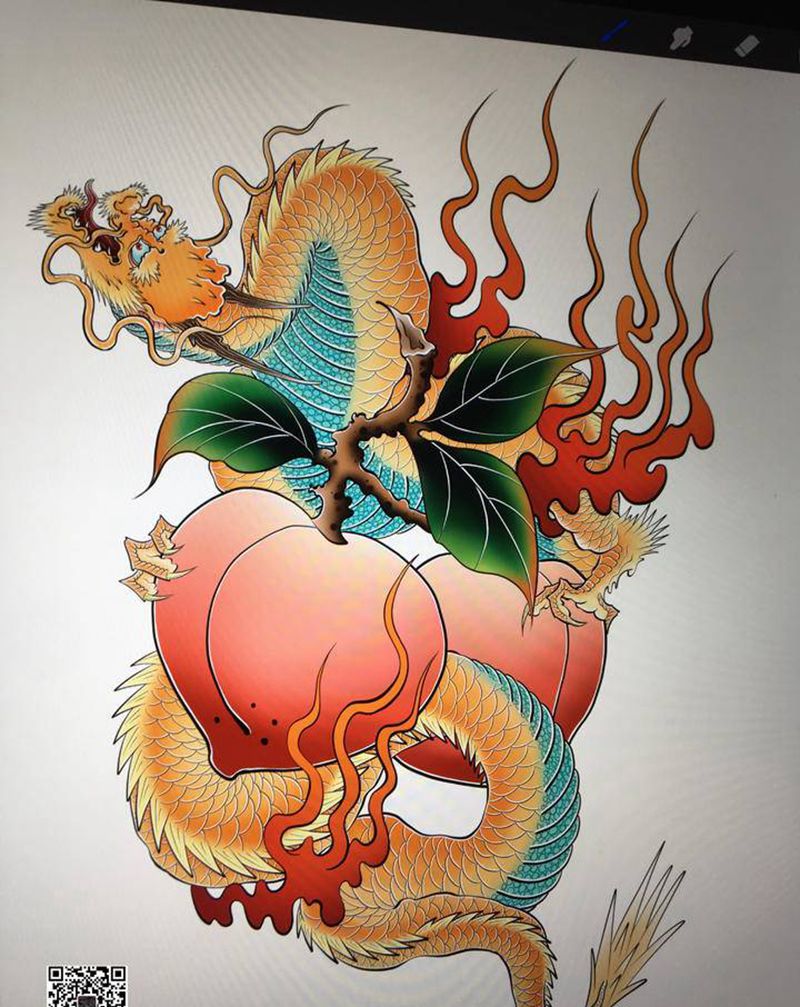 龙 仙桃纹身图片_新传统纹身图案