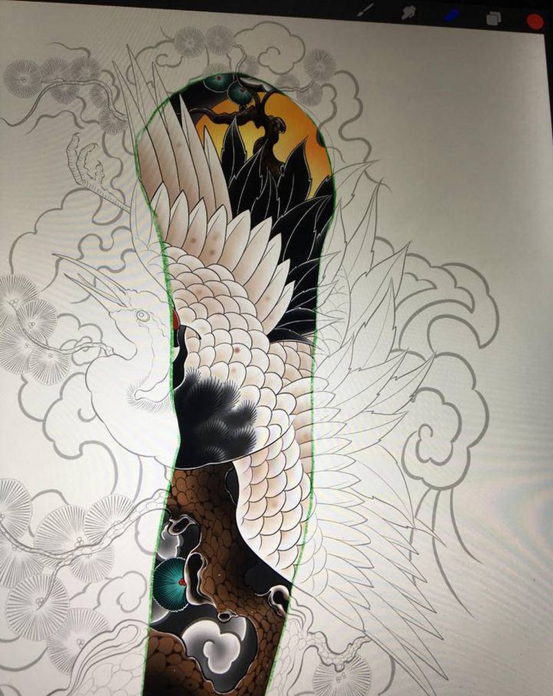 仙鹤纹身图片_手臂新传统纹身图案