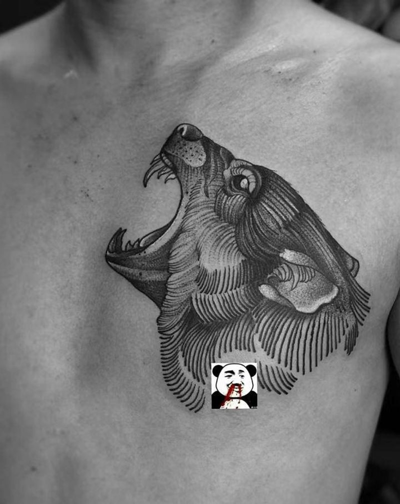 点刺狼纹身图片_胸部几何点刺纹身图案