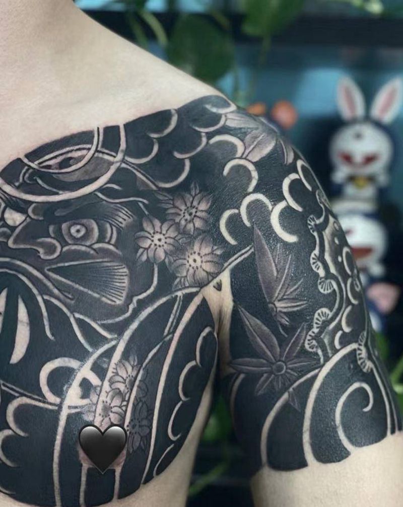 达摩蛋半甲纹身图片_胸部手臂老传统达摩纹身图案