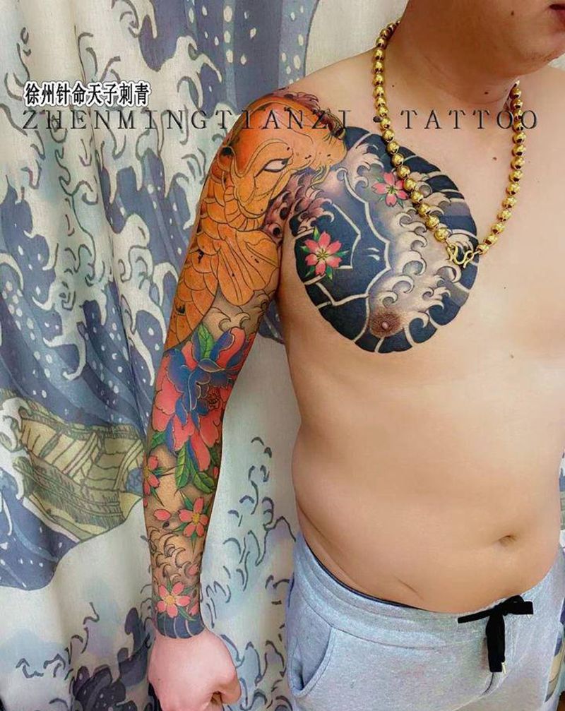 传统花臂纹身图片_手臂胸部老传统纹身图案