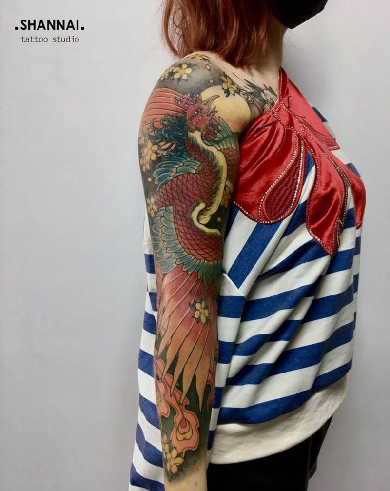 凤凰纹身图片_手臂新传统纹身图案