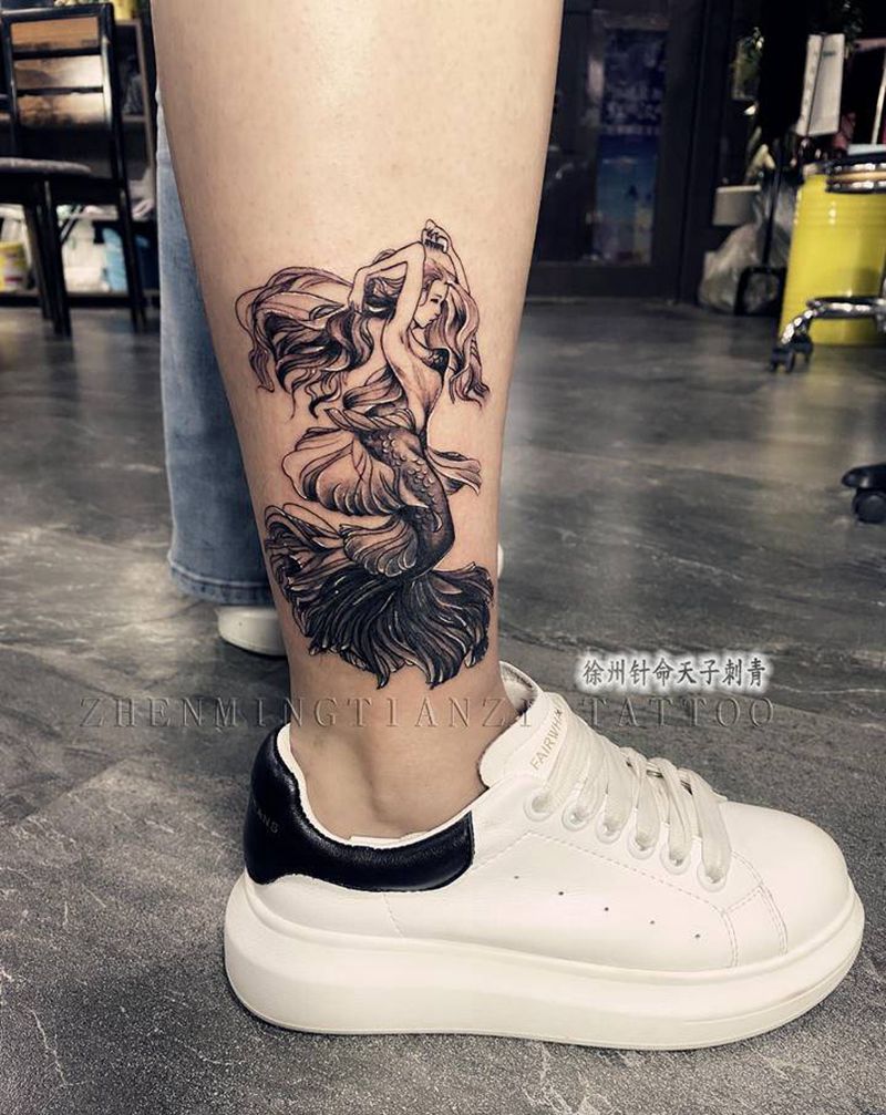 美人鱼遮盖纹身图片_腿部水墨几何纹身图案