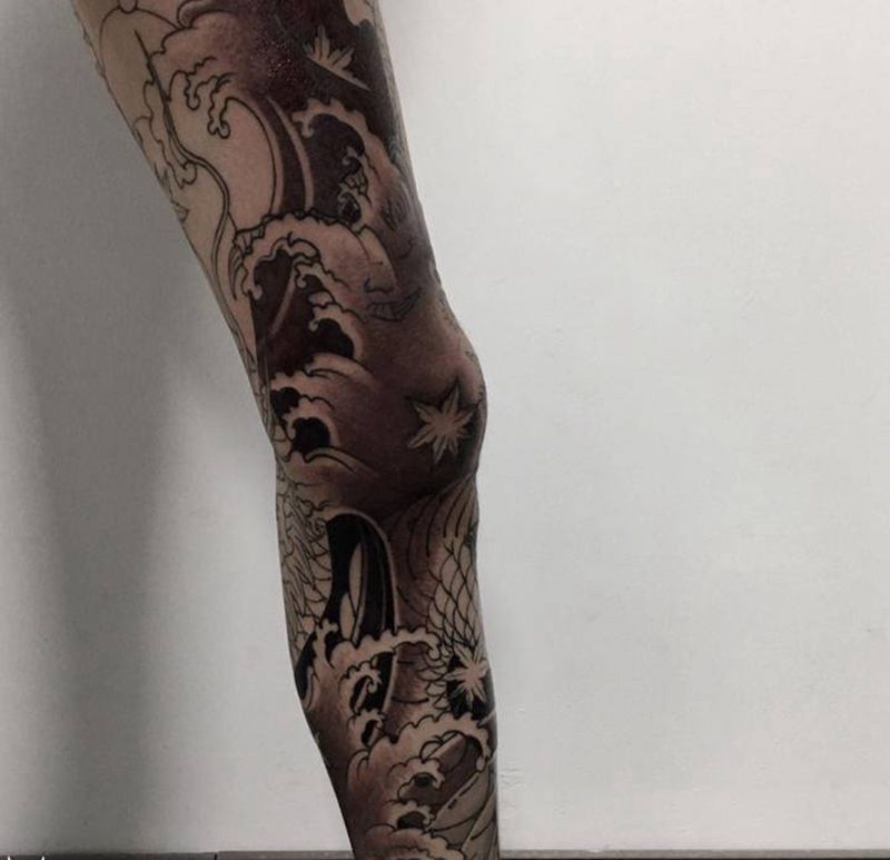 龙纹身图片_腿部新传统纹身图案
