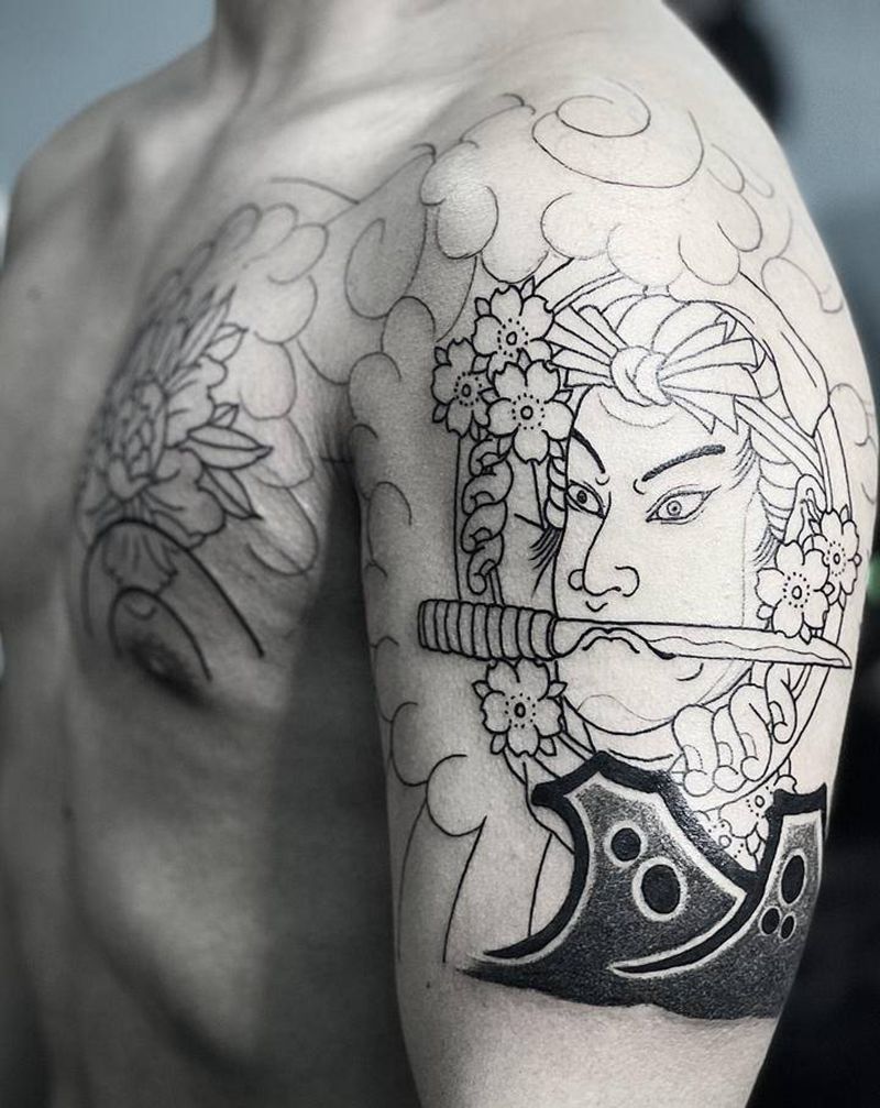 半甲纹身图片_手臂胸部老传统牡丹生首纹身图案