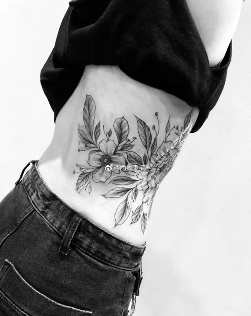 素花纹身图片_腰部背部新传统老传统纹身图案