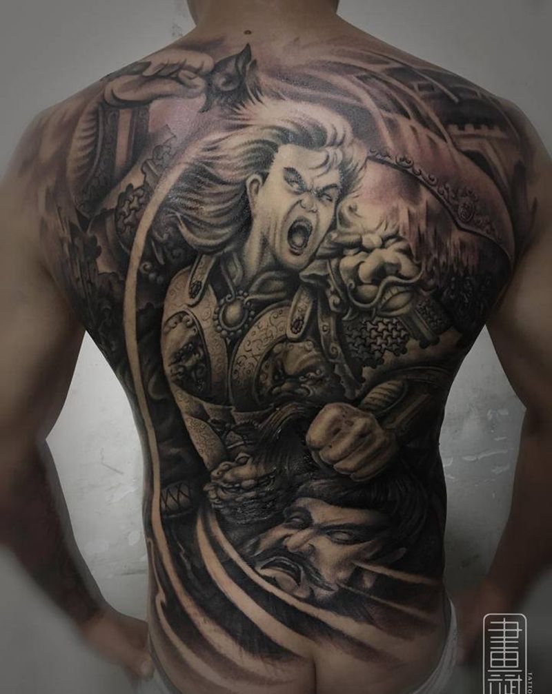 杀神白起纹身图片_背部欧美写实白起杀神白起写实满背纹身图案