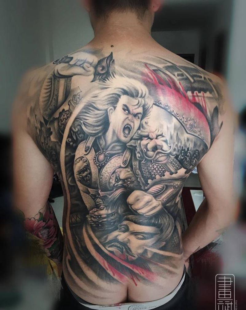杀神白起纹身图片_背部欧美写实白起杀神白起满背白起纹身图案