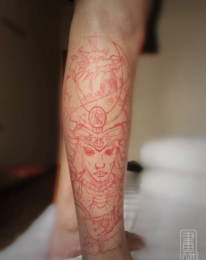 女武士纹身图片_腿部新传统女武士龙武士小腿纹身图案