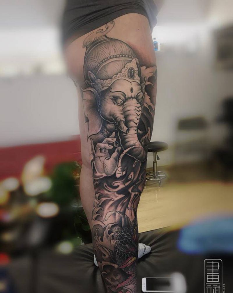 花腿修改纹身图片_腿部新传统象神花腿修改花腿纹身图案