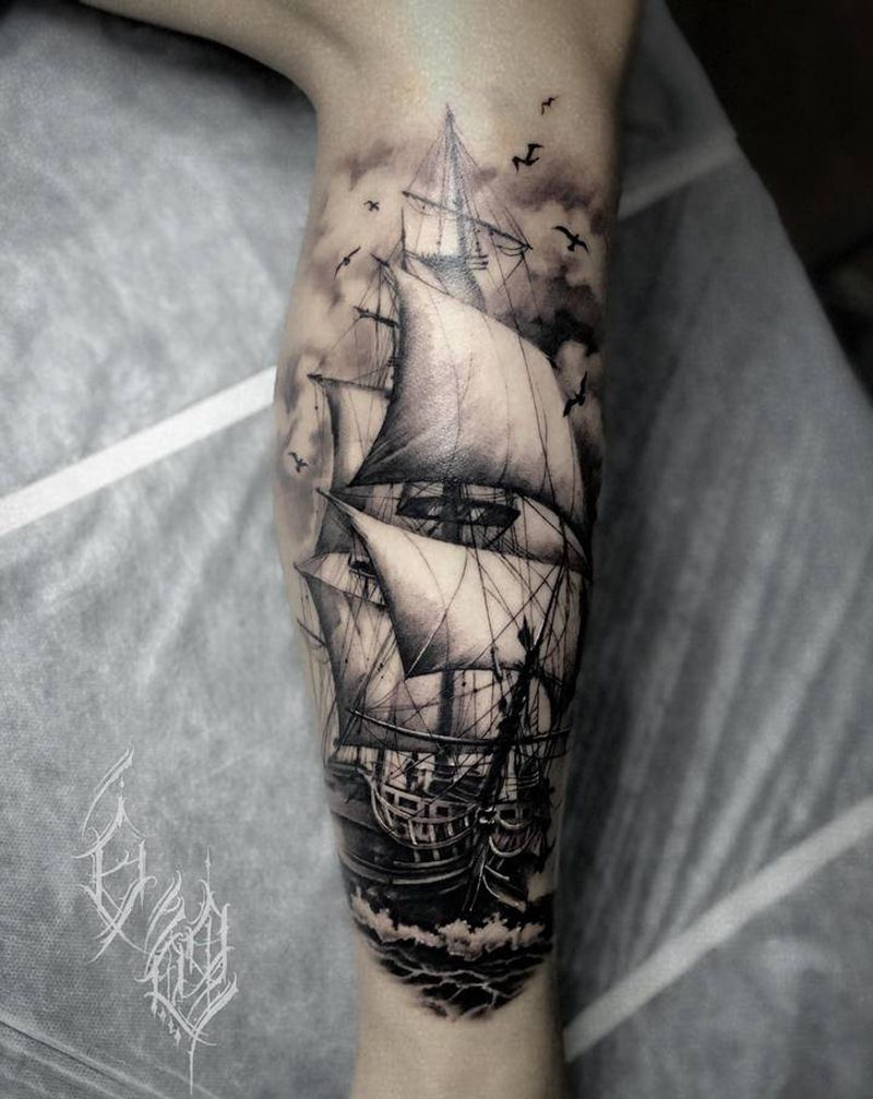 帆船纹身图片_腿部欧美写实纹身图案