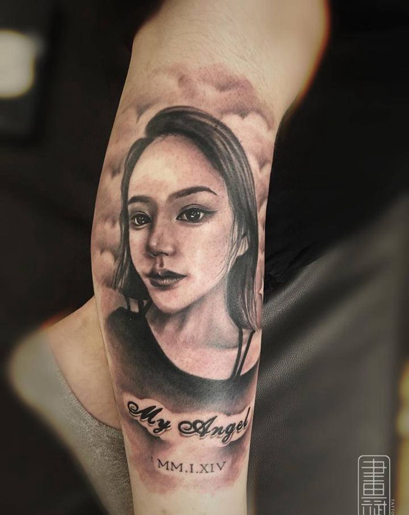 肖像纹身纹身图片_腿部欧美写实肖像照片情侣照片纹身图案