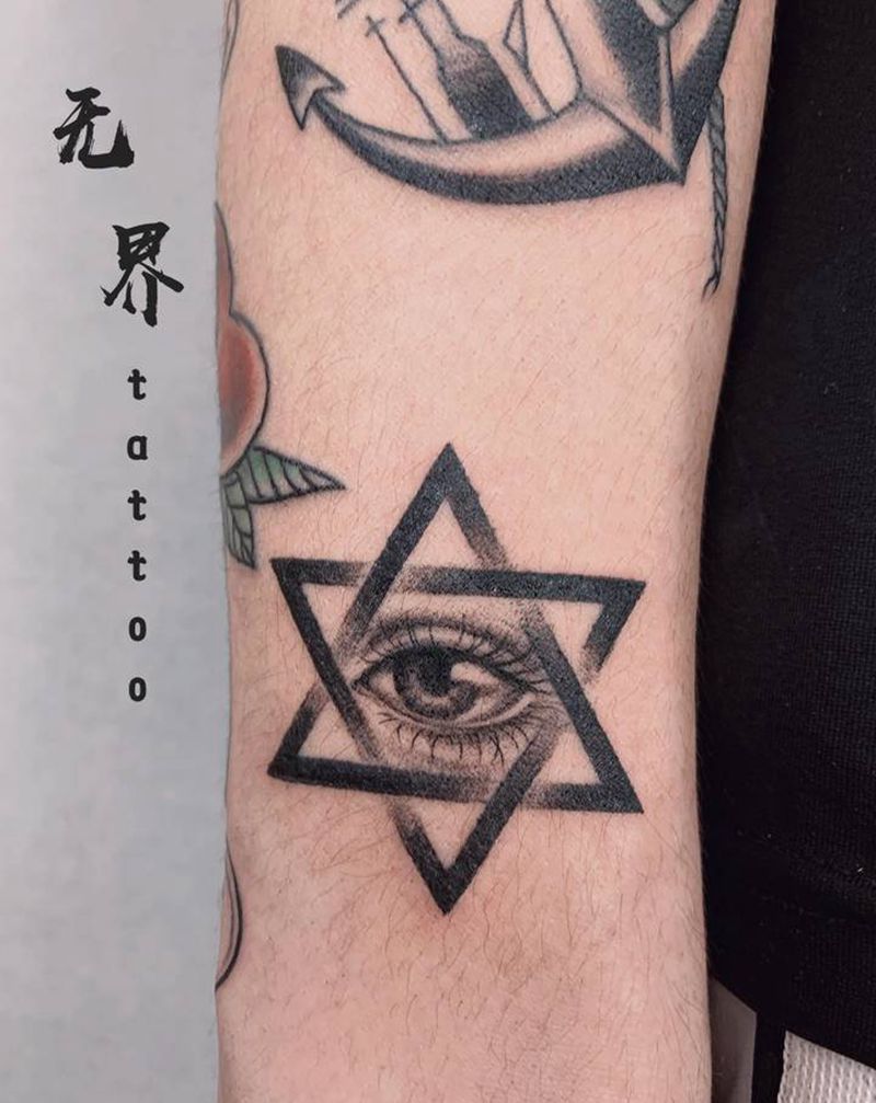 眼睛纹身图片_手臂欧美写实点刺六芒星眼睛纹身图案
