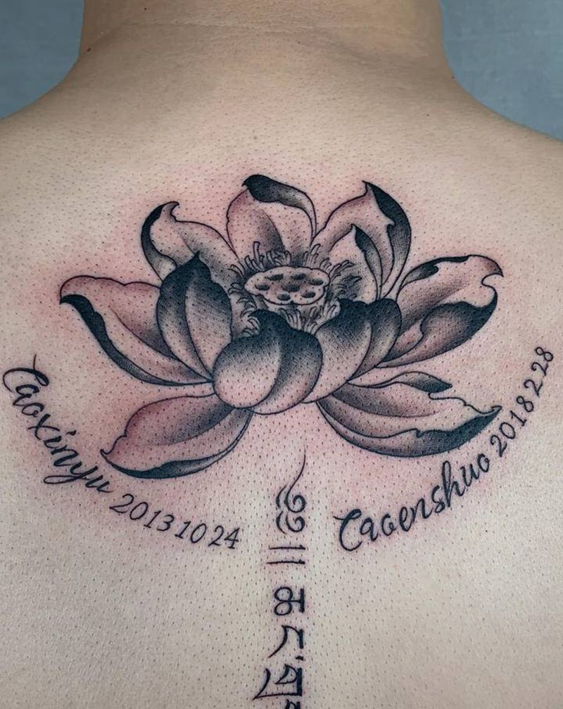 荷花梵文纹身图片_背部脊椎莲花梵文纹身图案