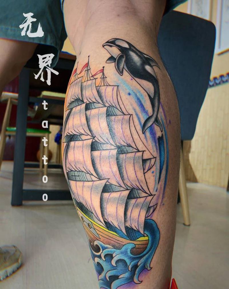 帆船纹身图片_腿部Old School水彩虎鲸小腿帆船纹身图案