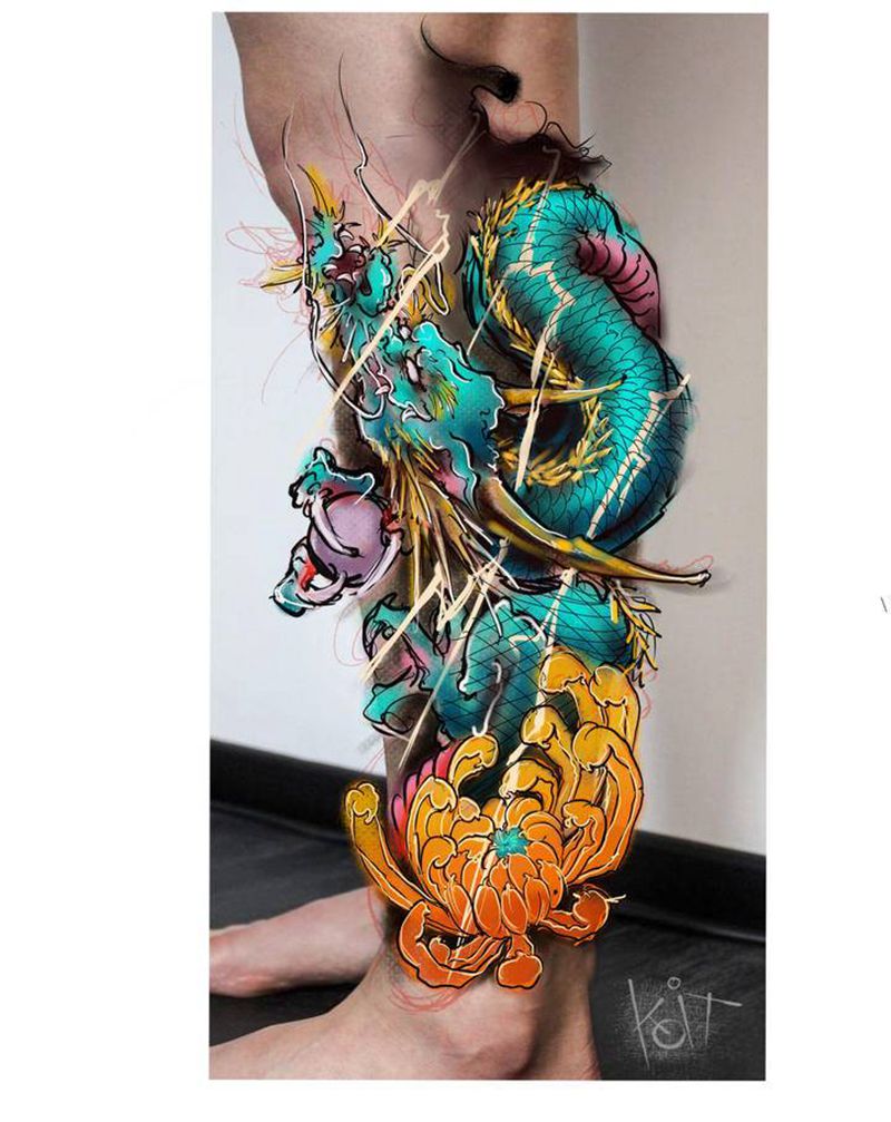 龙 菊纹身图片_腿部新传统龙菊花闪电纹身图案