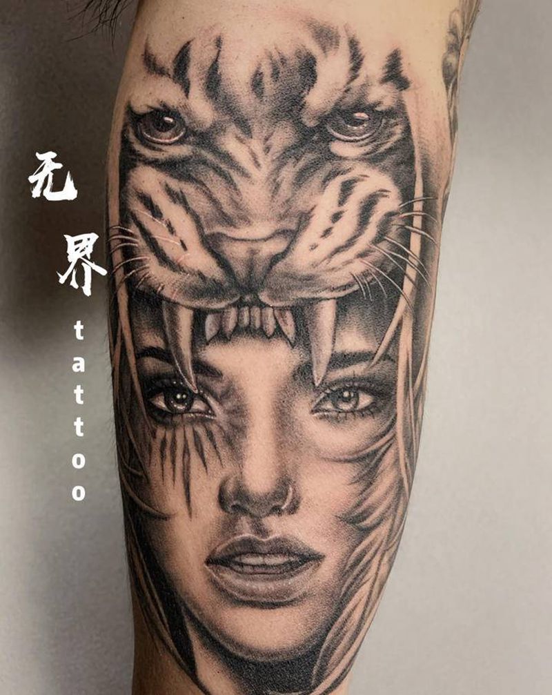 欧美纹身图片_手臂欧美写实美女老虎纹身图案
