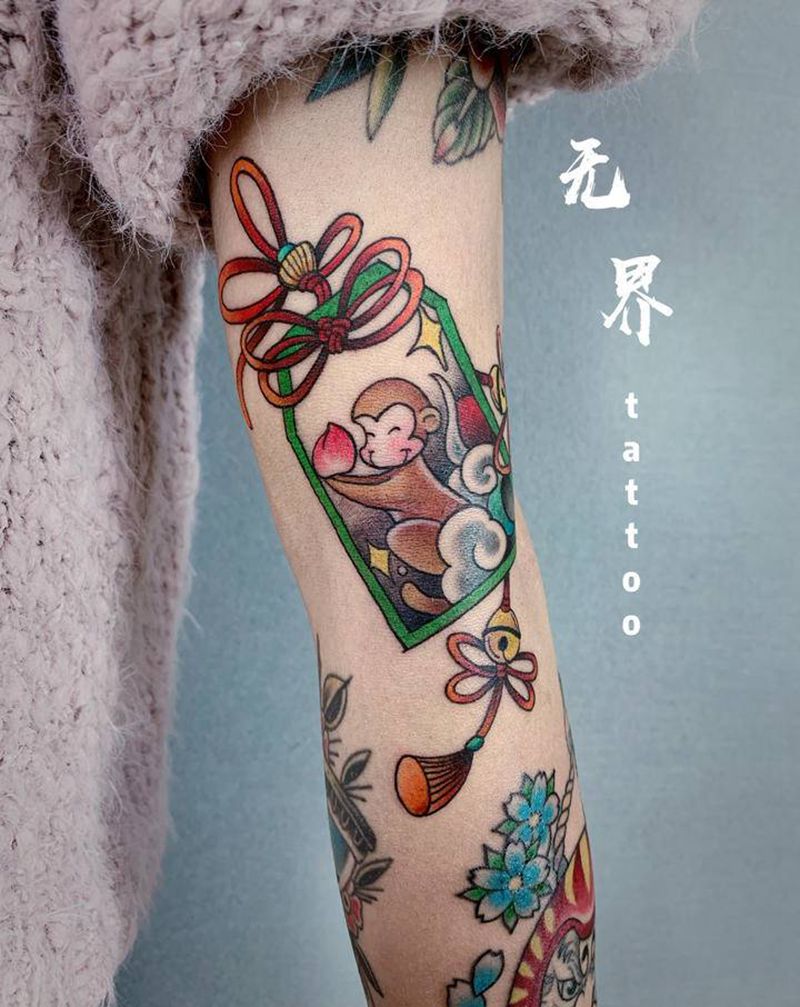 生肖御守纹身图片_手臂水彩New School猴子御守日式纹身图案