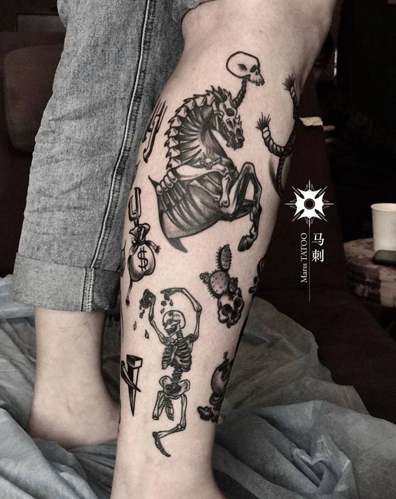 原创old school拼接纹身图片_腿部纹身图案