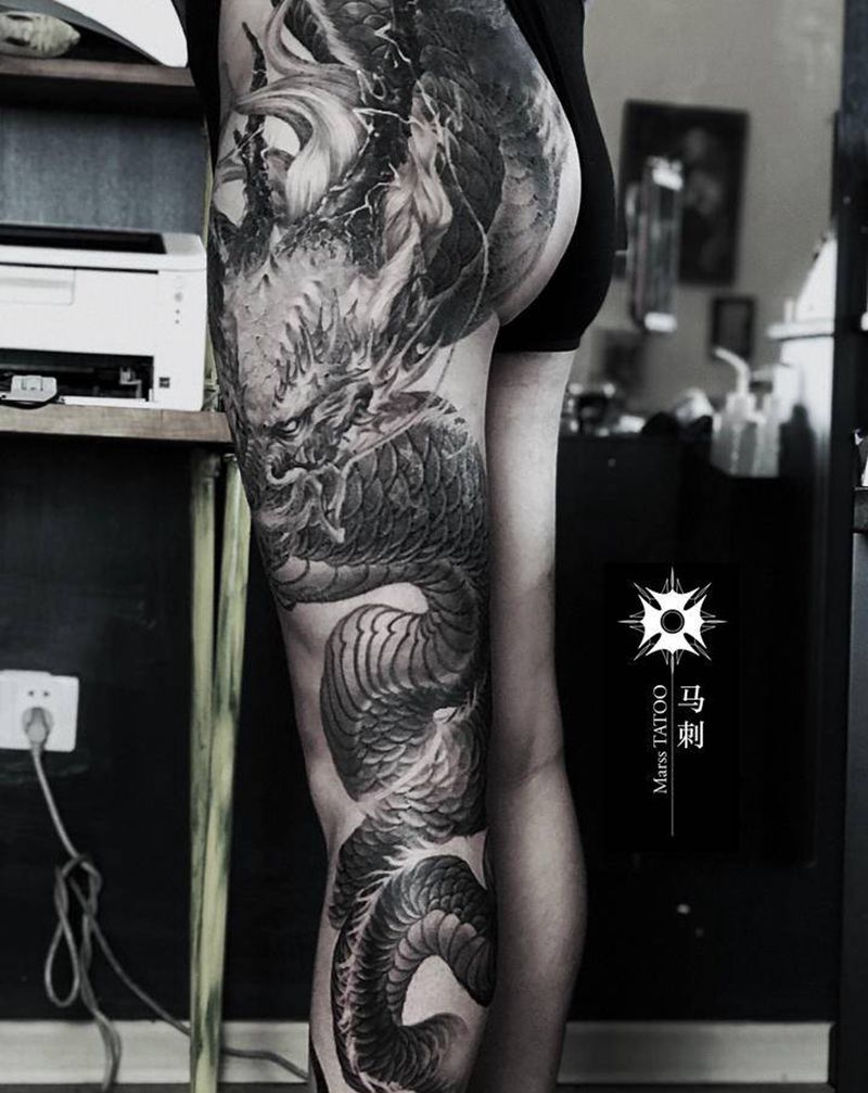 原创龙纹身图片_腿部纹身图案