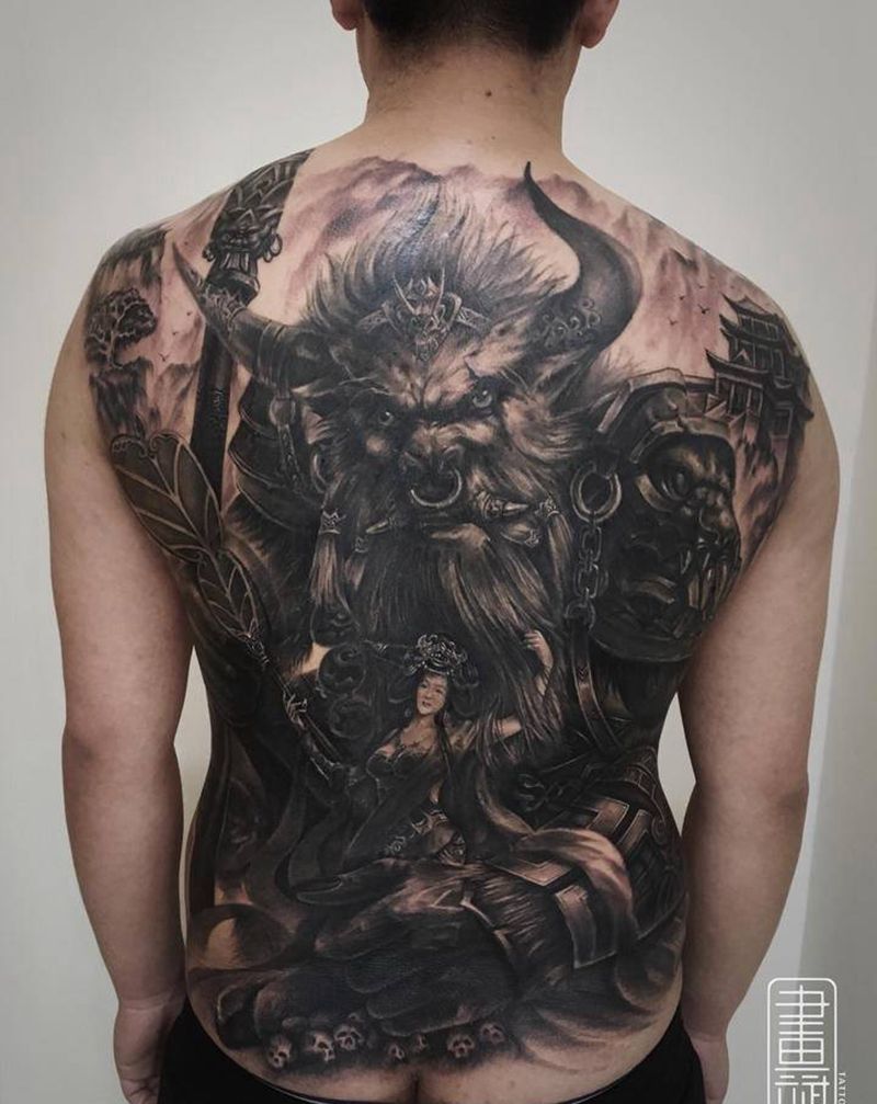 牛魔王纹身图片_背部欧美写实牛魔王铁扇公主写实纹身图案