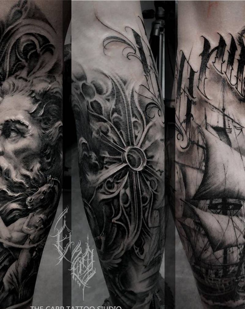 波塞冬帆船纹身图片_欧美写实纹身图案