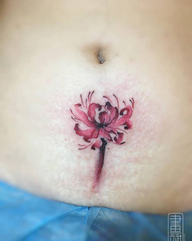 彼岸花纹身图片_腹部欧美写实彼岸花遮盖疤痕遮盖纹身图案