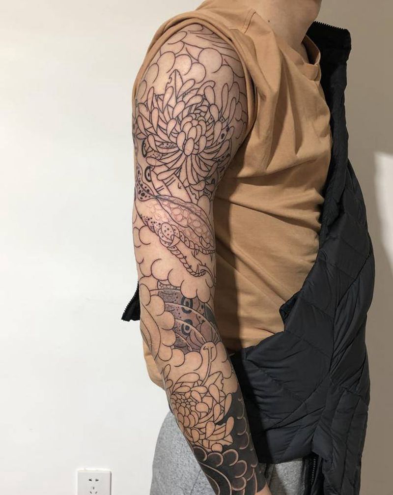 日式花臂蛇纹身图片_手臂手部老传统纹身图案